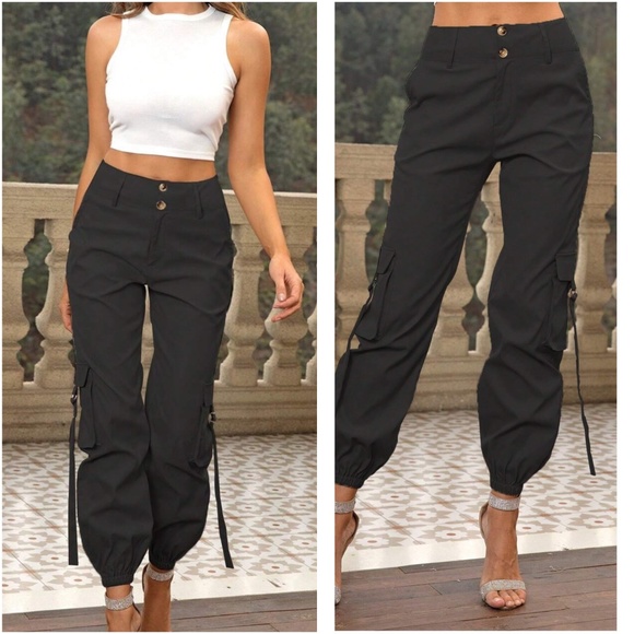 Pants - High Waisted Pockets Cargo Capri Pants